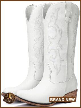 Embroidered Cowgirl Boots - Chunky Heel Mid Calf Snip Toe Western Boots